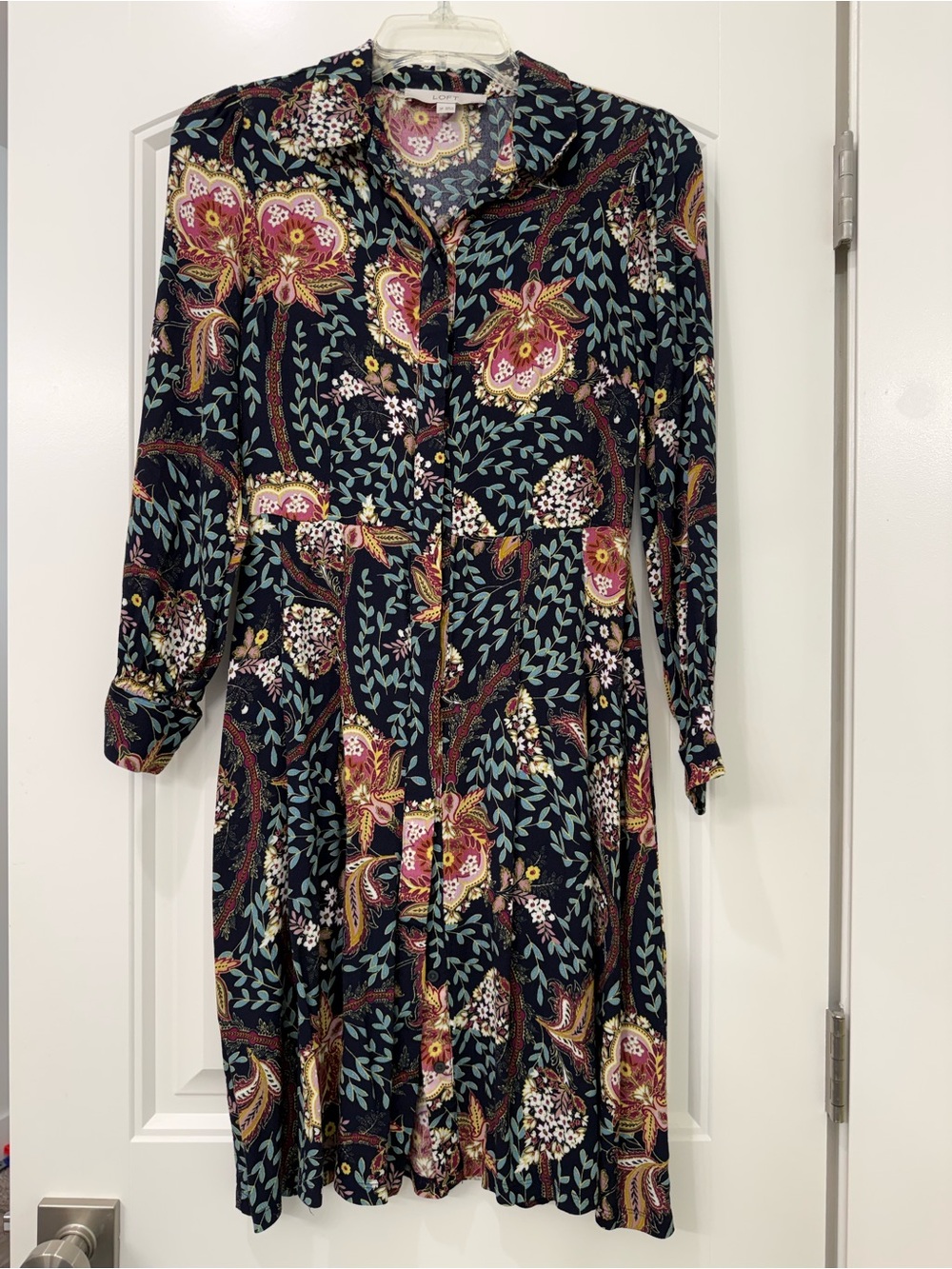 LOFT Long-Sleeve Button-Front Floral Dress in Navy and Pink